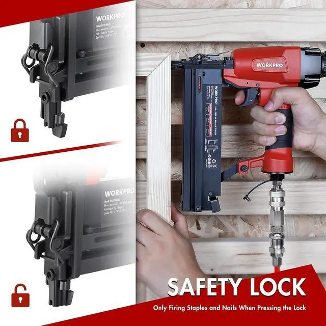 Alt view image 6 of 7 - Pneumatic Brad Nailer, 18 GA, 2 in 1 Nail Gun and Crown Stapler, with 400pcs Nails/ 300pcs Staples, for Carpentry, DIY Project, Woodworking