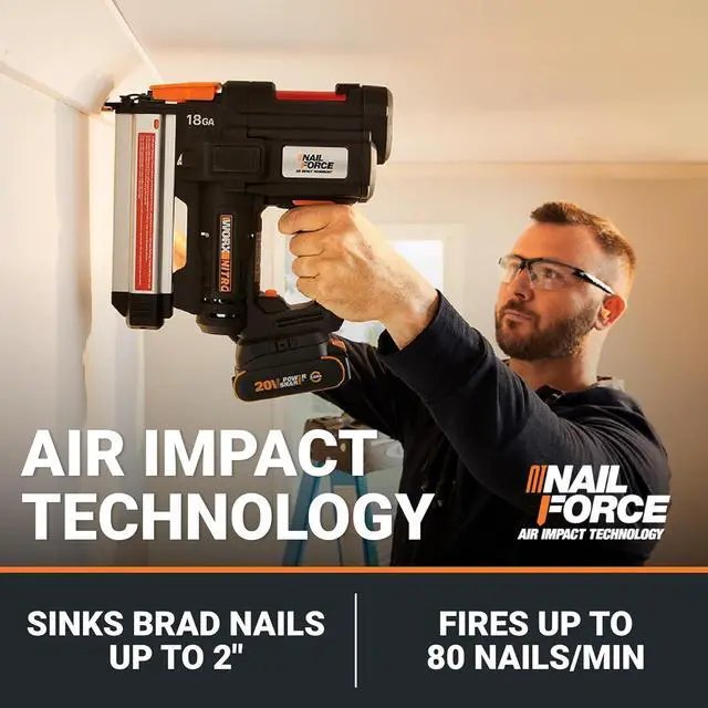 Alt view image 2 of 7 - 20V 18GA Cordless Brad Nailer, Cordless Nail Gun, Nail Gun Battery Powered, Up to 2 Inch, Tool-Free Jam Release, Trimming & Molding, Baseboard WX842L PowerShare  Battery, Charger Included