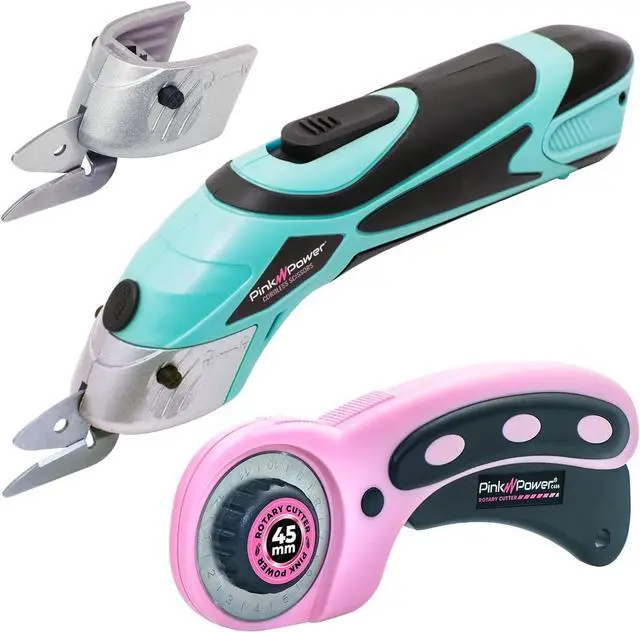 Main image of Electric Fabric Scissors for Crafts, Sewing, Cardboard, Carpet & Scrapbooking - Heavy Duty Cutting Tool, Automatic Cordless Electric Scissors Fabric Cutter & Rotary Cutter Set (Aqua Splash)