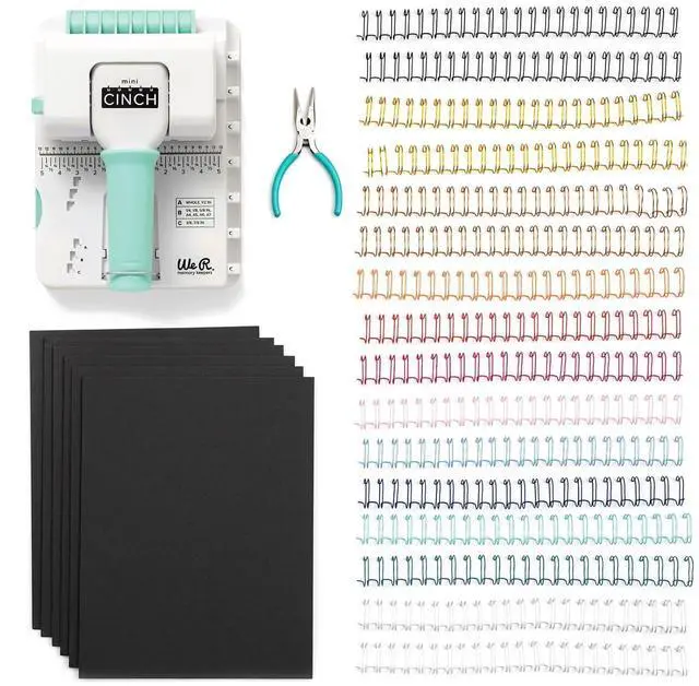 Main image of Memory Keepers Mini Cinch Bundle Includes Book Binding Machine, 16 Wires, Wire Cutters, and Six Black Bookboards, Easy to Use Design, Ruler, Wire or Spiral Coils, DIY Books, Notebooks, Calendars