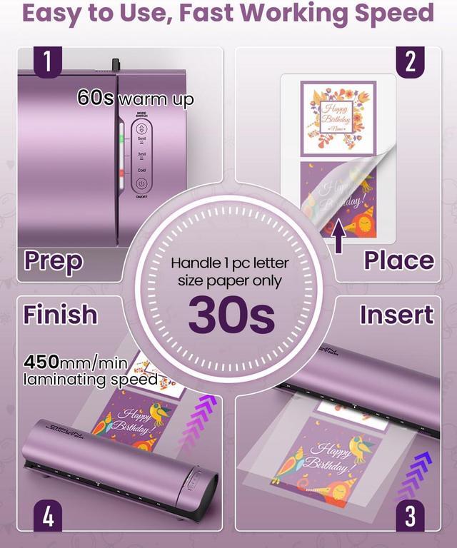 Alt view image 2 of 7 - Office Presentation Laminator Machine 11x17 with Laminating Sheet A3/A4/A5, 3/5 Mil Thermal Cold Laminating Machine 13 inch Wide, 60s Warm-Up Lamination Machine, Personal Laminate Machine (Purple)