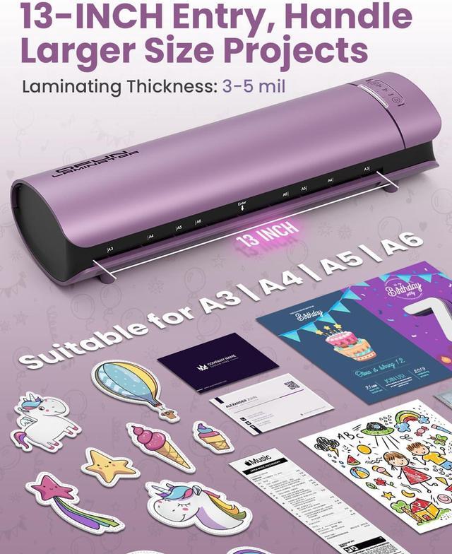 Alt view image 5 of 7 - Office Presentation Laminator Machine 11x17 with Laminating Sheet A3/A4/A5, 3/5 Mil Thermal Cold Laminating Machine 13 inch Wide, 60s Warm-Up Lamination Machine, Personal Laminate Machine (Purple)