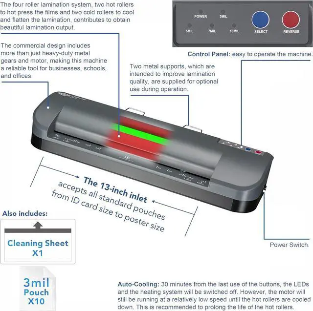 Alt view image 5 of 7 - 3-10 mil, 4-Roller Commercial Laminating Machine with Laminating Sheets, 55-Second Warm-up, 40 Inches/Minute, 13-Inch Thermal Laminator Machine for Office, School, Home
