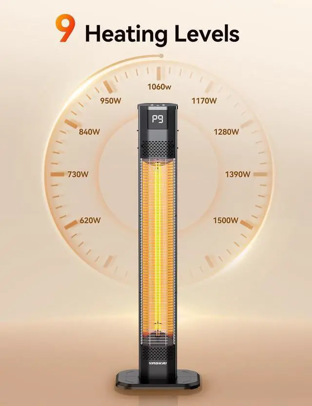 Alt view image 4 of 7 - Outdoor Heaters, 1s Heating Carbon Infrared Patio Heaters With Remote, 9 Heat Levels, 24H Timer, IPX5 Waterproof, 42in Electric Space Heaters for Home, Office, Restaurant, Patio, and Garage