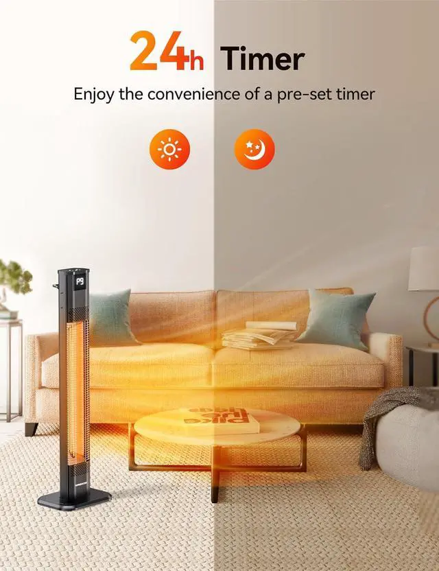 Alt view image 5 of 7 - Outdoor Heaters, 1s Heating Carbon Infrared Patio Heaters With Remote, 9 Heat Levels, 24H Timer, IPX5 Waterproof, 42in Electric Space Heaters for Home, Office, Restaurant, Patio, and Garage