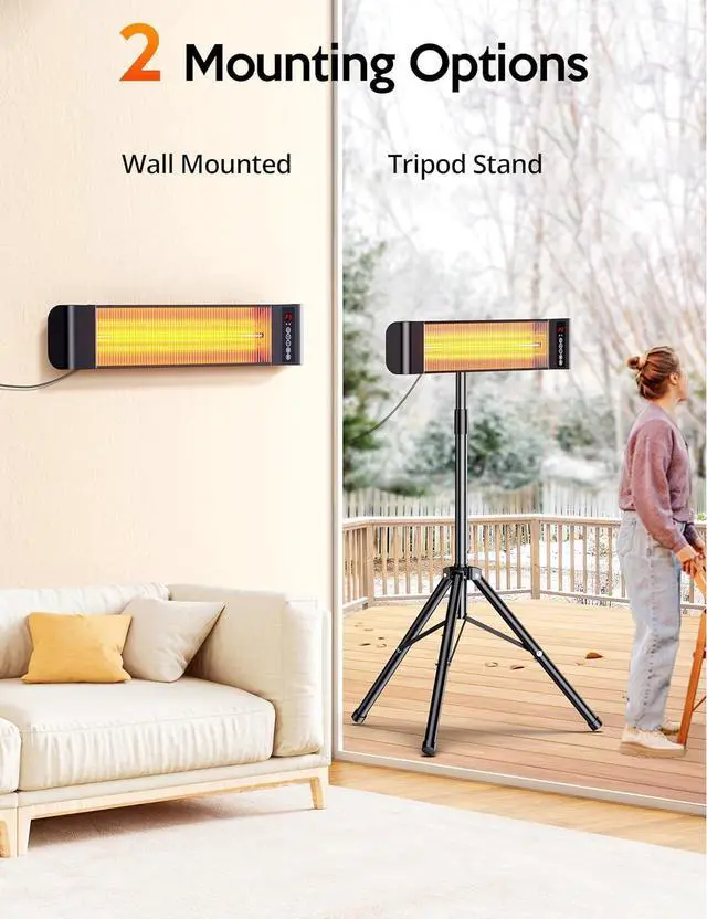 Alt view image 3 of 7 - Outdoor Heaters, 1s Heating Electric Infrared Patio Heaters with Remote, 12H Timer, 3 Heat Levels, IP65 Waterproof, Electric Wall Heaters with Tripod Stand for Home, Office, Patio and Garage