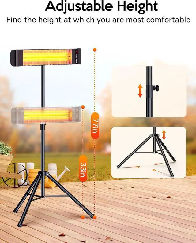 Alt view image 4 of 7 - Outdoor Heaters, 1s Heating Electric Infrared Patio Heaters with Remote, 12H Timer, 3 Heat Levels, IP65 Waterproof, Electric Wall Heaters with Tripod Stand for Home, Office, Patio and Garage