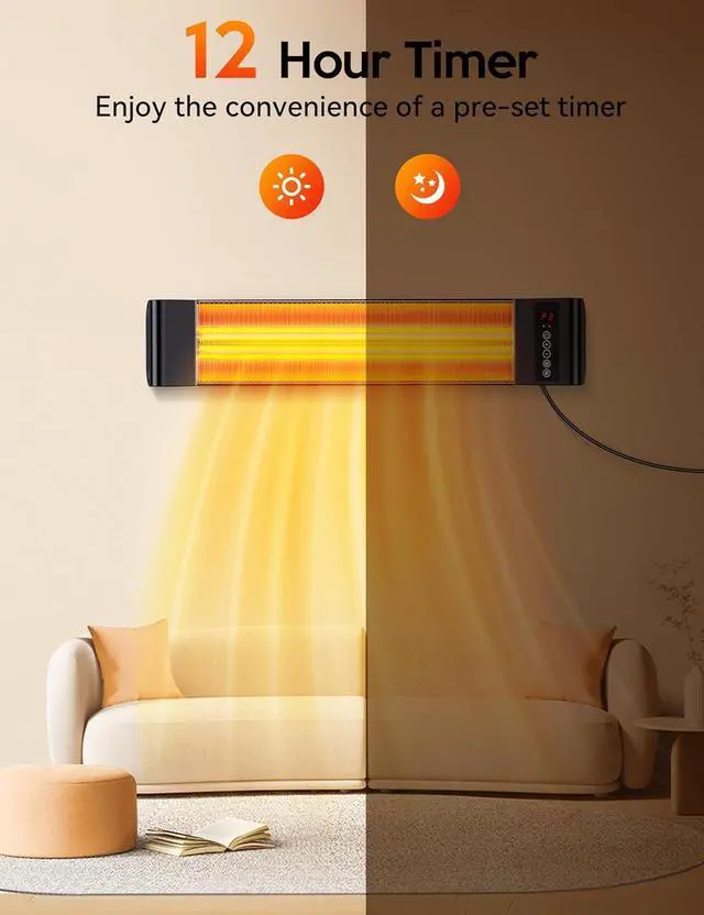 Alt view image 6 of 7 - Outdoor Heaters, 1s Heating Electric Infrared Patio Heaters with Remote, 12H Timer, 3 Heat Levels, IP65 Waterproof, Electric Wall Heaters with Tripod Stand for Home, Office, Patio and Garage