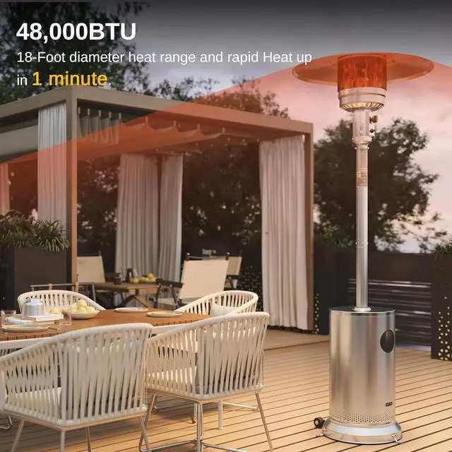Alt view image 2 of 7 - 48,000 BTU Patio Heater for Outdoor Use With Round Table Design, Double-Layer Stainless Steel Burner and Wheels, Outdoor Patio Heater for Home and Commercial, Stainless Steel