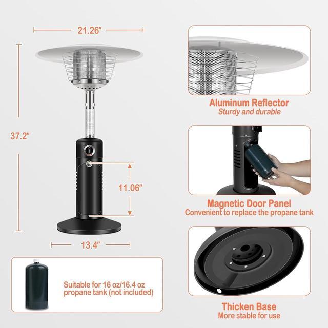 Alt view image 6 of 7 - 13,000 BTU Propane Patio Heater, Mini Tabletop Outdoor Heater with Triple Protection System, Double-Layer Stainless Steel Burner, Outside Heaters for Garden, Patio and Residential, Black