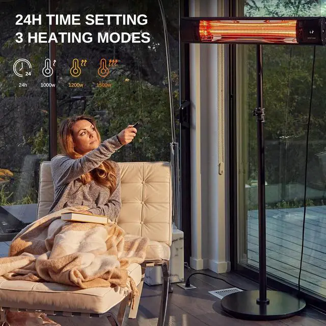 Alt view image 6 of 7 - Patio Heater, Wall Mounted & Standing 1500W Outdoor Indoor Infrared Electric Heater with IP65 Waterproof & Dustproof, Tip-over & Overheating Protection, 3 Heat Settings & 24H Timing