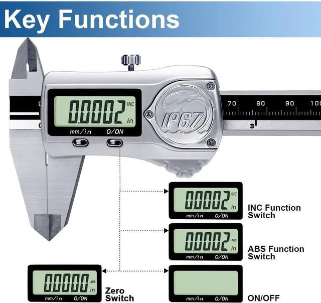 Alt view image 4 of 7 - Digital Caliper, Calipers Measuring Tool with IP67 Waterproof, Extreme Accuracy, Stainless Steel Design, Auto Power Off, Switch from Inch Metric (6Inch/150MM)