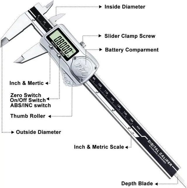 Alt view image 5 of 7 - Digital Caliper, Calipers Measuring Tool with IP67 Waterproof, Extreme Accuracy, Stainless Steel Design, Auto Power Off, Switch from Inch Metric (6Inch/150MM)