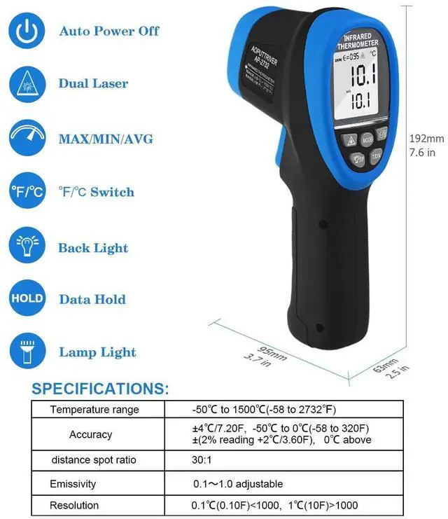 Alt view image 3 of 7 - High Temp Thermometer Gun, AP-2732 Laser Thermometer Gun -58~2732(-50 ~ 1500), 30:1 Industrial Laser Thermometer Gun with Backlit, Non-Contact Thermometer for Pizza ovens, Kiln, Forge