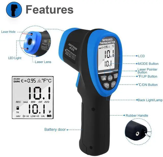 Alt view image 2 of 7 - High Temp Thermometer Gun, AP-2732 Laser Thermometer Gun -58~2732(-50 ~ 1500), 30:1 Industrial Laser Thermometer Gun with Backlit, Non-Contact Thermometer for Pizza ovens, Kiln, Forge