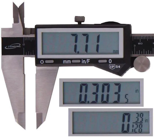 Alt view image 2 of 3 - EZCal Digital Caliper 0-8"/200 mm - IP54 Electronic Caliper with Extra-Large LCD Display - Quick & Accurate Measurements in Inch, Metric, & Fraction Modes - Includes Case, Manual, & Battery