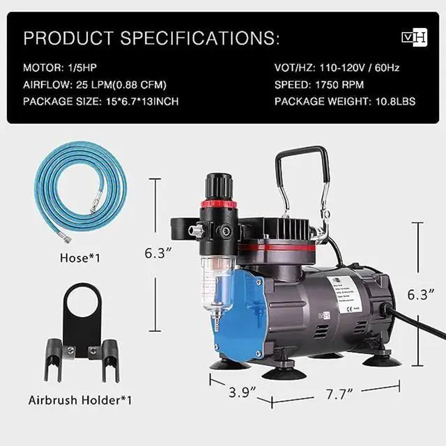 Alt view image 5 of 7 - Airbrush Kit with 1/5 HP Air Compressor and 3 Dual Action Professional Airbrush Gun, Gravity and Siphon Feed, Quiet Air Brush Paint Set with Holder, Color Wheel, Cleaning Brush, 2 Cup