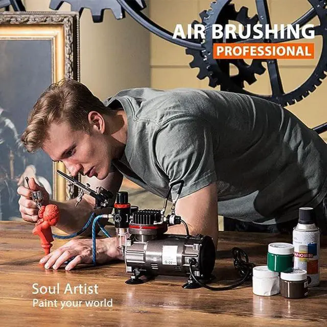 Alt view image 6 of 7 - Airbrush Kit with 1/5 HP Air Compressor and 3 Dual Action Professional Airbrush Gun, Gravity and Siphon Feed, Quiet Air Brush Paint Set with Holder, Color Wheel, Cleaning Brush, 2 Cup