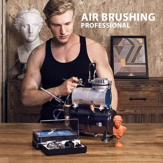 Alt view image 2 of 6 - Airbrush Kit with 1/5 HP Professional Air Compressor with 3L Tank, Quiet Air Brush Paint System Set with 0.3mm Dual Action Airbrush Gun and Tape, Gravity Feed