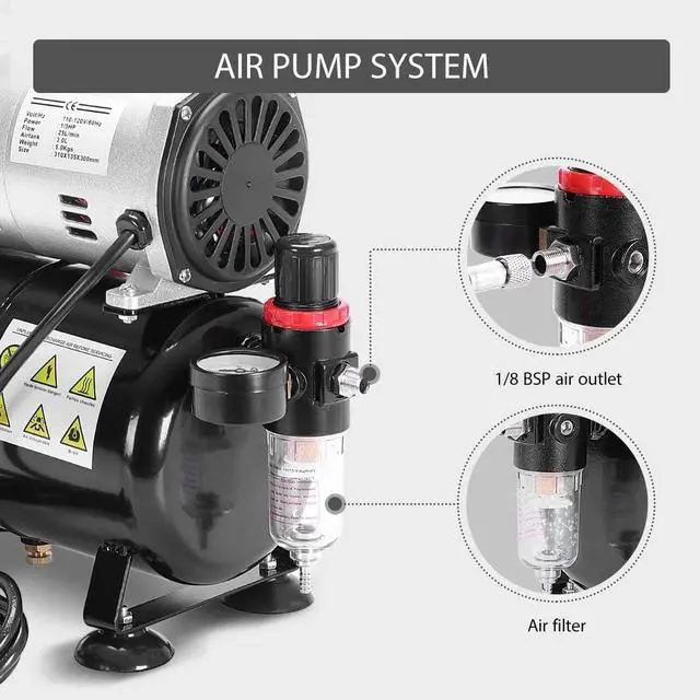 Alt view image 3 of 6 - Airbrush Kit with 1/5 HP Professional Air Compressor with 3L Tank, Quiet Air Brush Paint System Set with 0.3mm Dual Action Airbrush Gun and Tape, Gravity Feed