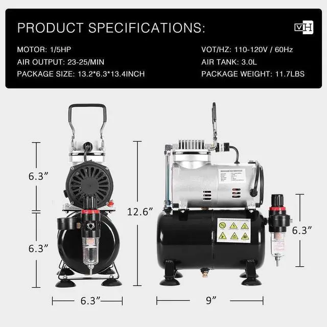 Alt view image 6 of 6 - Airbrush Kit with 1/5 HP Professional Air Compressor with 3L Tank, Quiet Air Brush Paint System Set with 0.3mm Dual Action Airbrush Gun and Tape, Gravity Feed