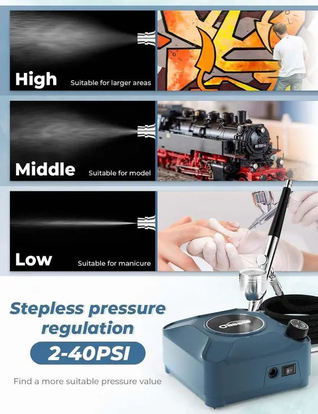 Alt view image 4 of 7 - Airbrush Kit with Air Compressor, Dual Action 40 PSI 10.5 L/min Airbrush Set Gun, Air Brush for Nails, Makeup, Model, DIY Blue