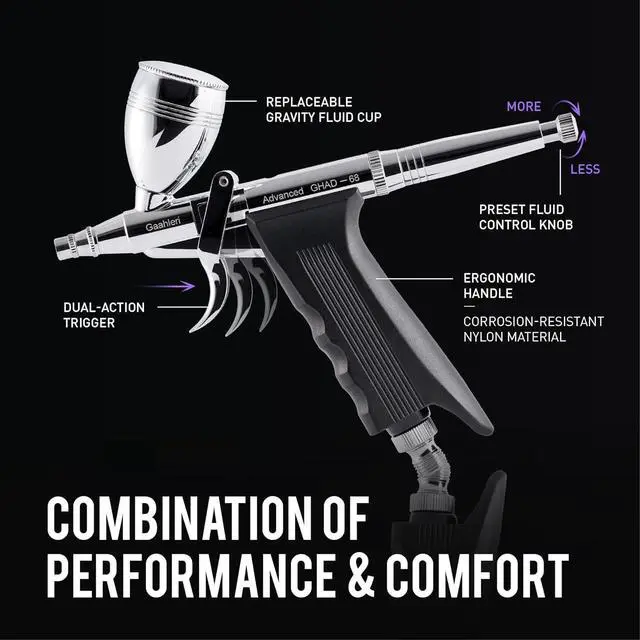 Alt view image 2 of 6 - Airbrush Kit, Airbrush Gun Dual Action Gravity Feed Set, 0.38 & 0.5mm Needles, 1/2 & 1/4 OZ Fluid Cup, Multi-Purpose Air Brush Makeup Model Coloring Painting Nail Art Tattoo