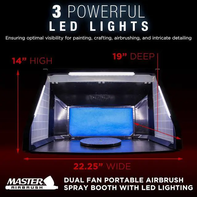 Alt view image 2 of 7 - Master Airbrush Extra Large Dual Fan Portable Airbrush Hobby Spray Booth with LED Lighting - Portable Paint Booth with 6' Exhaust Hose, 22.25"x19"x14", Turntable, 25W Fans Powerful Extraction, Model
