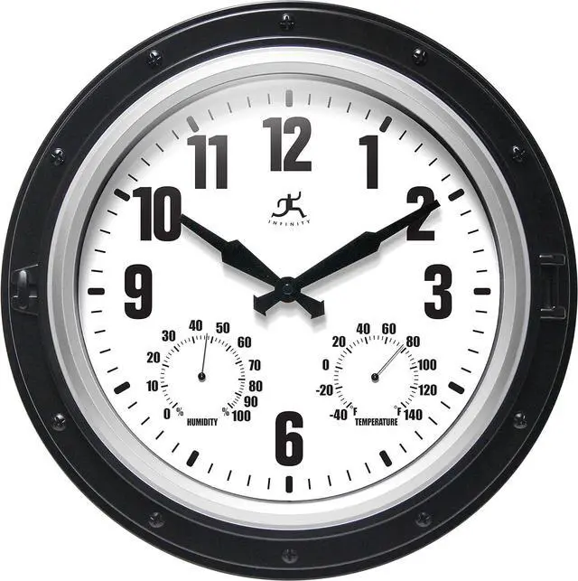 Main image of Instruments Forecaster Indoor/Outdoor Wall Clock, Thermometer, Hygrometer Combo, Stylish Durable Waterproof Weather Station for Your Home, 16 Inch, Black