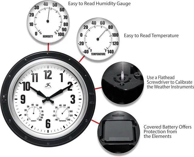 Alt view image 5 of 7 - Instruments Forecaster Indoor/Outdoor Wall Clock, Thermometer, Hygrometer Combo, Stylish Durable Waterproof Weather Station for Your Home, 16 Inch, Black