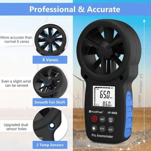 Alt view image 2 of 7 - 866B Handheld Anemometer, Digital Wind Speed Gauge Meter, Air Flow Velocity Temperature CFM Measuring Device for HVAC Outdoor Sailing Shooting Golf