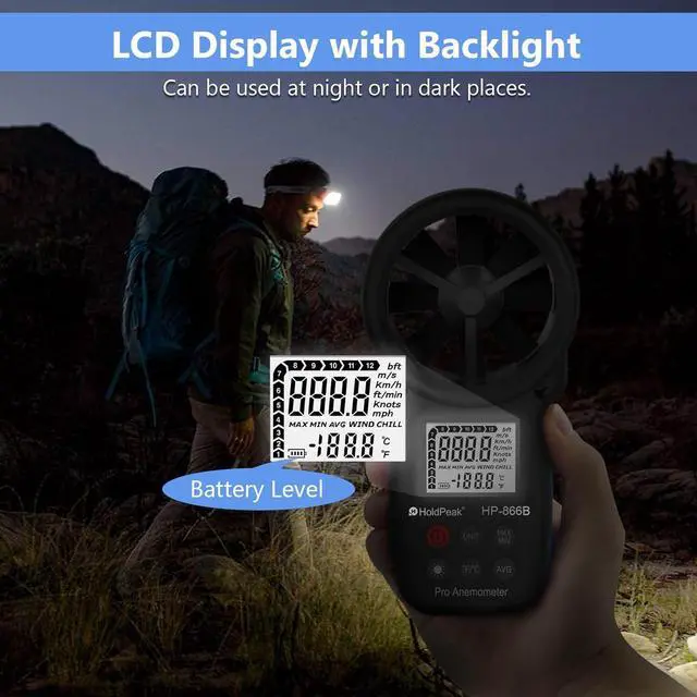 Alt view image 5 of 7 - 866B Handheld Anemometer, Digital Wind Speed Gauge Meter, Air Flow Velocity Temperature CFM Measuring Device for HVAC Outdoor Sailing Shooting Golf