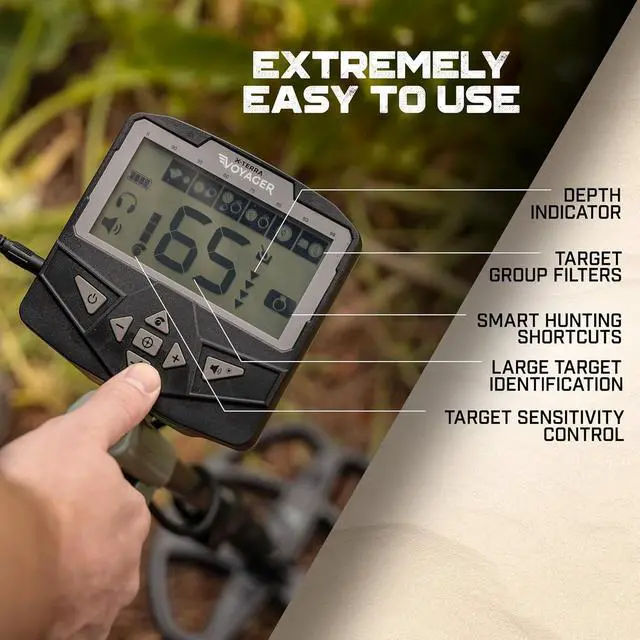 Alt view image 2 of 7 - X-TERRA VOYAGER All-Terrain Pinpointing Adult Metal Detector with Waterproof Coil, 4 Detect Modes, Clear Target ID, Backlit Display (Complete Kit with Headphones, Backpack, Collapsible Digger)