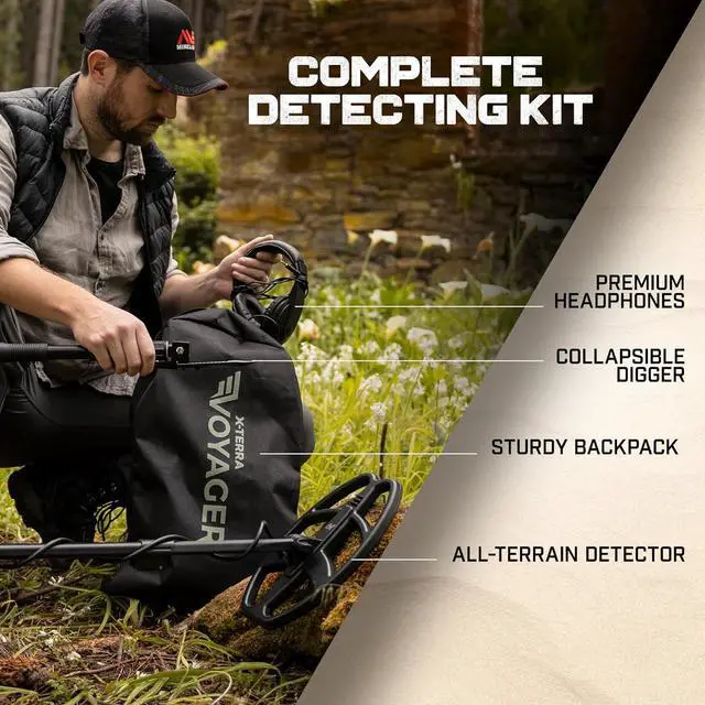 Alt view image 7 of 7 - X-TERRA VOYAGER All-Terrain Pinpointing Adult Metal Detector with Waterproof Coil, 4 Detect Modes, Clear Target ID, Backlit Display (Complete Kit with Headphones, Backpack, Collapsible Digger)