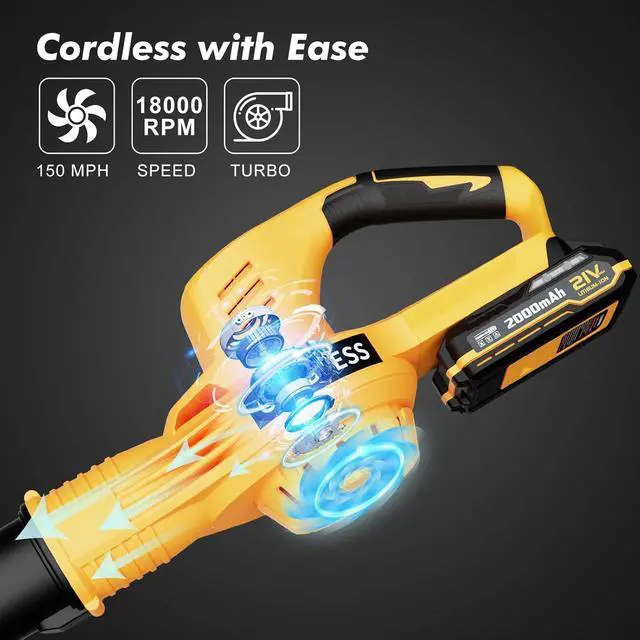 Alt view image 4 of 7 - Cordless with 2 Batteries and Charger, 21V Electric Leaf Blower with 2 Speed Modes, 2.0Ah Lightweight Battery Powered Blowers for Lawn Care, Patio, Blowing Leaves