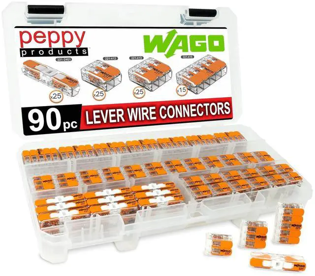 Main image of 221 Lever Nuts 90pc Compact Splicing Wire Connector Assortment with Case. Includes (25x) 221-2401, (25x) 221-412, (25x) 221-413, (15x) 221-415