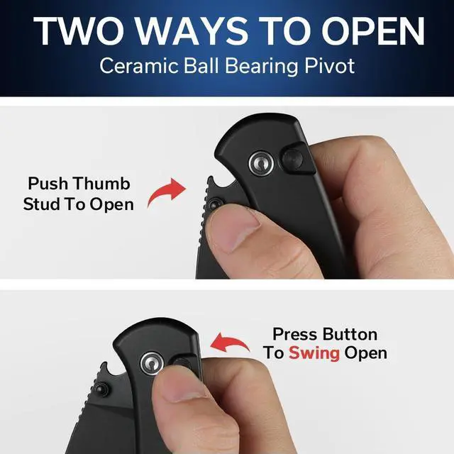 Alt view image 4 of 7 - Pocket Folding Knife- Button Lock Knife with Thumb Stud Opener for EDC, 2.98" 14C28N Blade Aluminum Handle, Qubit Utility Knife for Men Women Gift C22030E-1