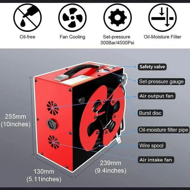 Alt view image 4 of 7 - CS3 PCP Air Compressor, Auto-Stop,Oil-Free, Built-in Water-Oil Separator Filter, Powered by Car 12V DC or Home 110V AC w/Converter,4500Psi/30Mpa,Paintball Air Compressor Pump