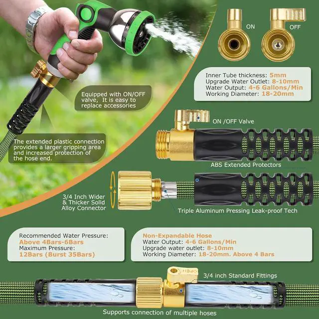 Alt view image 2 of 7 - Non-Expandable Garden Hose 50 ft, Ultra Lightweight Flexible Water Hose with 10-Pattern Nozzle, Kink-Resistant, Leak-Proof, High-Density Fabric, Thickened Connector, Shut-Off Valve & Holder