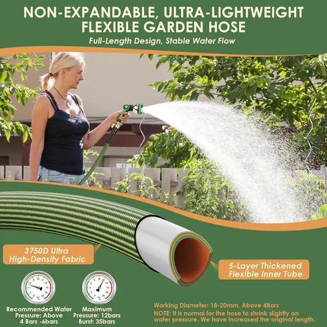 Alt view image 3 of 7 - Non-Expandable Garden Hose 50 ft, Ultra Lightweight Flexible Water Hose with 10-Pattern Nozzle, Kink-Resistant, Leak-Proof, High-Density Fabric, Thickened Connector, Shut-Off Valve & Holder
