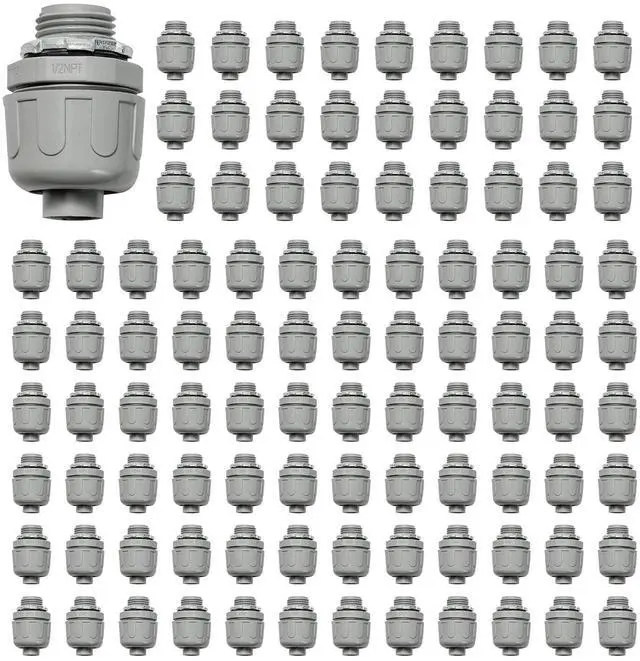 Main image of 1/2 Inch Liquid Tight Connector NPT Non-Metallic for PVC Electrical Flexible Conduit Fittings, 180 Degree Straight, UL Listed for Home Outdoor Tubes Tools, Grey (100-Pack)