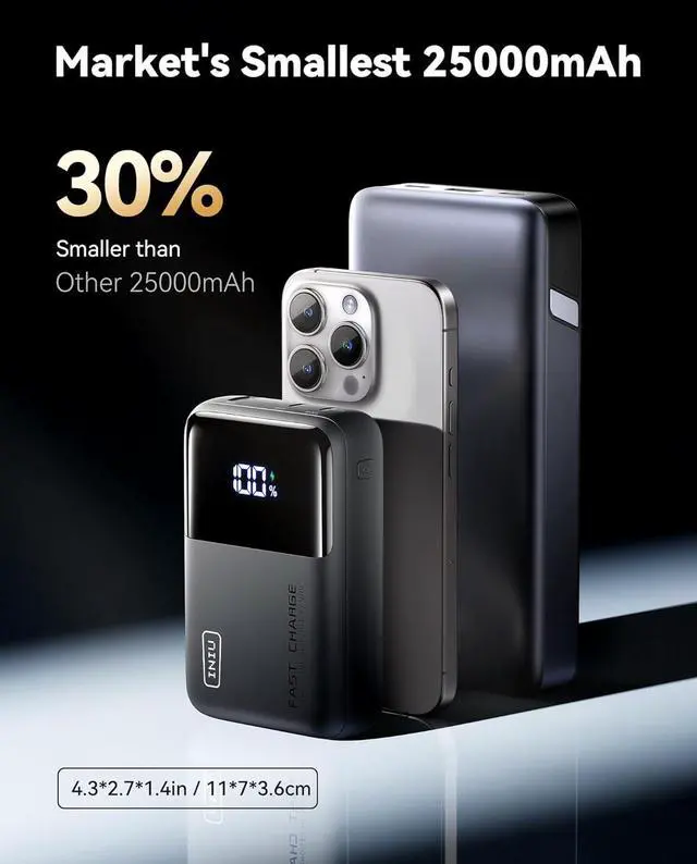 Alt view image 2 of 7 - 100W Power Bank, Mini Size 25000mAh High Capacity Laptop Portable Charger, USB C in&Out Tablet Powerbank, Smart Digital Display Phone Charger for iPhone 16 15, , iPad, MacBook, Laptop etc.