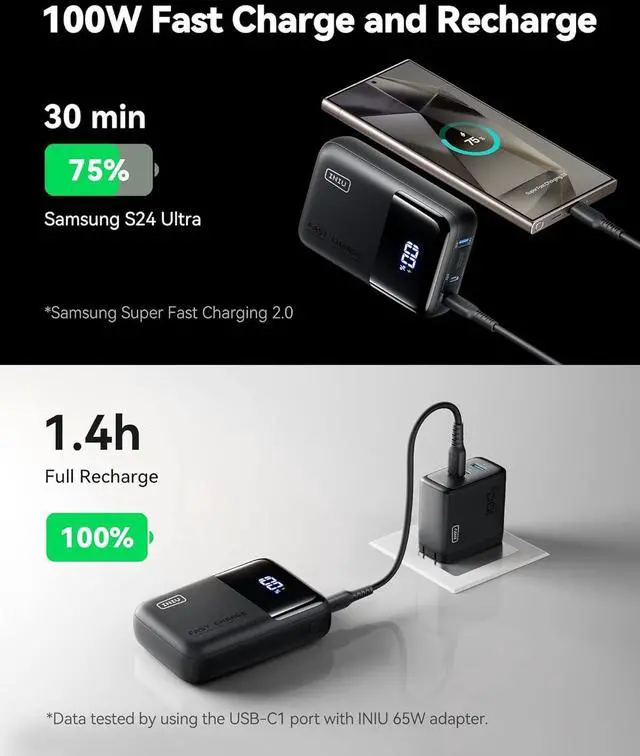 Alt view image 3 of 7 - 100W Power Bank, Mini Size 25000mAh High Capacity Laptop Portable Charger, USB C in&Out Tablet Powerbank, Smart Digital Display Phone Charger for iPhone 16 15, , iPad, MacBook, Laptop etc.