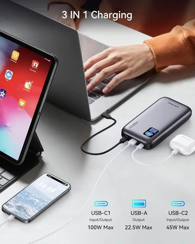 Alt view image 3 of 7 - Laptop Power Bank 24 000mAh 145W PD 3.1 Fast Charging Portable Charger TFT Smart Display USB C Battery Pack(86.4Wh) for MacBook/iPhone 16/ XPS/Galaxy S25/Steam Deck/ipad (Flight-Approved)