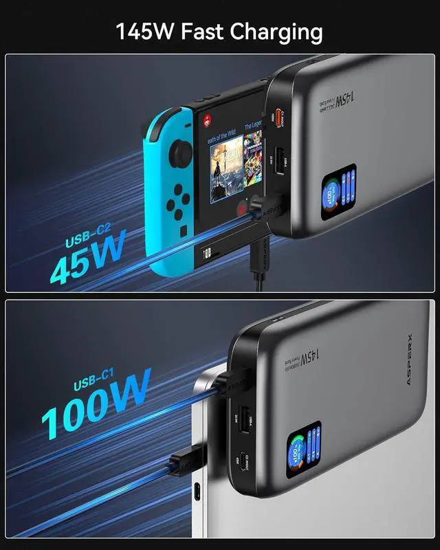 Alt view image 5 of 7 - Laptop Power Bank 24 000mAh 145W PD 3.1 Fast Charging Portable Charger TFT Smart Display USB C Battery Pack(86.4Wh) for MacBook/iPhone 16/ XPS/Galaxy S25/Steam Deck/ipad (Flight-Approved)