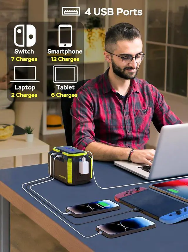 Alt view image 2 of 7 - Portable Power Station 150Wh Camping Solar Generator Laptop Charger Power Bank with AC Outlet 110V 150W Peak with 4*USB, 4*DC Ports, LED Flashlights for CPAP Home Camping Hurricane Emergency