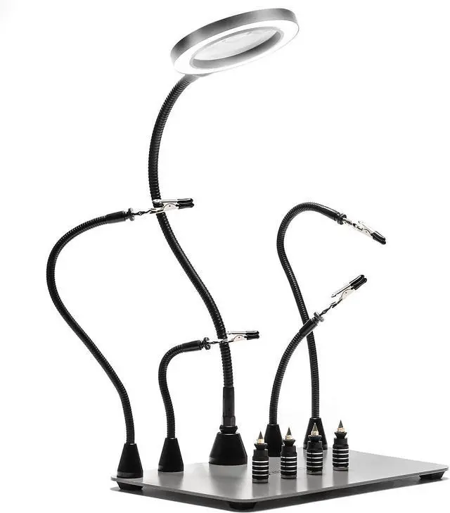 Main image of Magnetic Helping Hands Soldering Station with an 11.1 x 7.1 Inch Larger Base, 5X LED Magnifying Lamp, 4 PCB Circuit Board Holder & 4 Flexible Magnetic Helping Hands