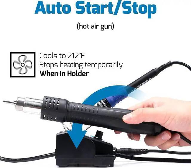 Alt view image 4 of 6 - 882D Soldering Iron Station 2-IN-1 SMD Hot Air Rework Station with 2 Spools of Solder Wire, 5 Soldering Tips, 3 Hot Air Nozzles, Brass Wool Tip Cleaner, Tweezers, Desoldering pump