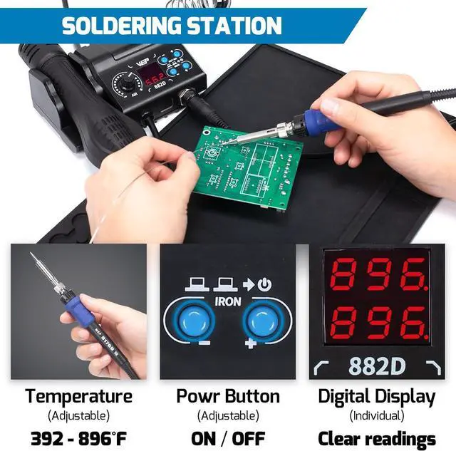 Alt view image 5 of 6 - 882D Soldering Iron Station 2-IN-1 SMD Hot Air Rework Station with 2 Spools of Solder Wire, 5 Soldering Tips, 3 Hot Air Nozzles, Brass Wool Tip Cleaner, Tweezers, Desoldering pump