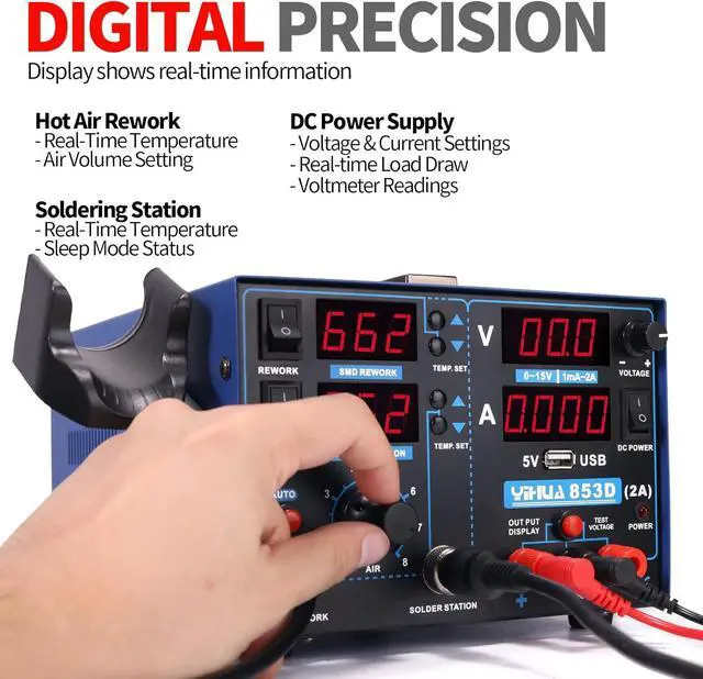 Alt view image 2 of 7 - 853D 2A USB SMD Hot Air Rework Soldering Iron Station, DC Power Supply 0-15V 0-2A with 5V USB Charging Port and 35 Volt DC Voltage Test Meter